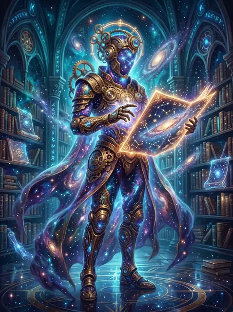 Astro-Archivist Orion holding an astrolabe